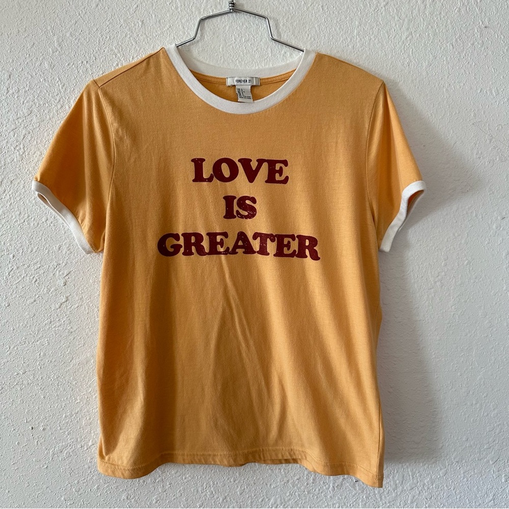 SOLD F21 Mustard Ringer Tee | Love is Greater Graphic